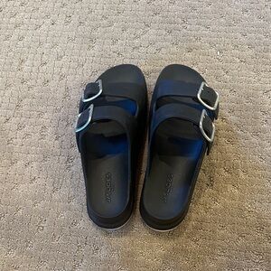 J/SLIDES Black Slides with Metallic Buckles